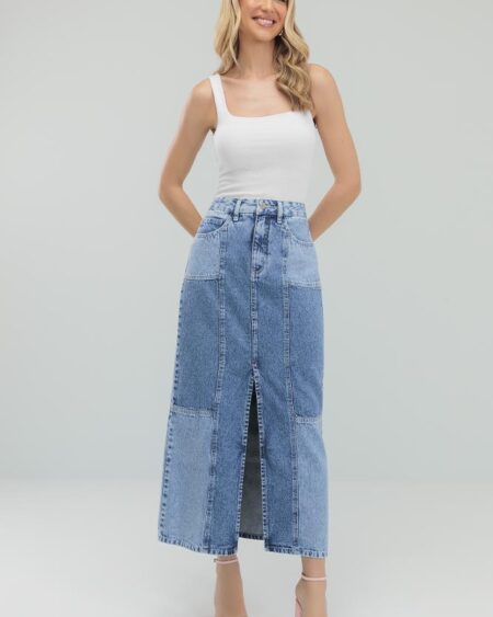 Saia Midi Jeans Médio Recortes